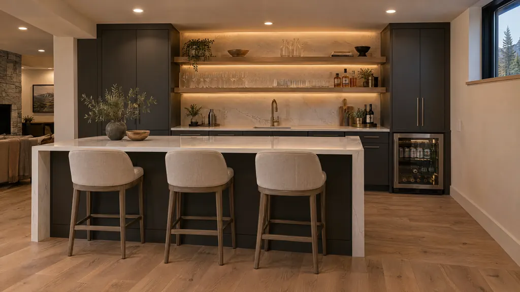 Concept visualization of a basement wet bar with a quartz waterfall island