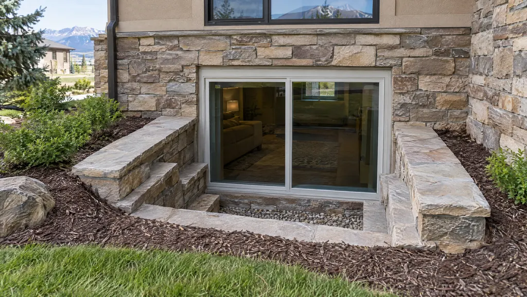 Illustration: a large basement egress window with a stepped stone window well, seen from outside