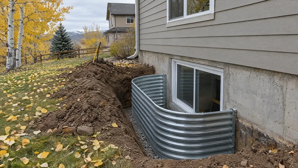 Illustration: an egress window well being excavated beside a Colorado home in late fall, leaves on the ground