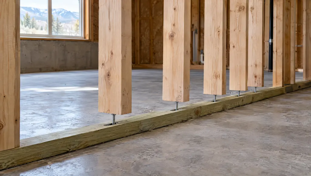Illustration: close-up of a floating basement partition wall showing the gap between the stud bottoms and the slab plate