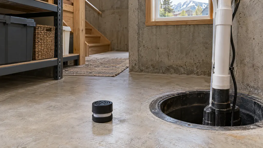 Illustration: a small radon test kit on a concrete basement floor near a sump pit
