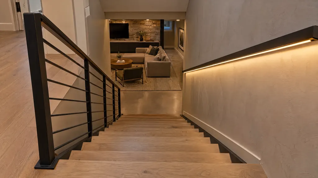 Concept visualization of an oak staircase leading to a finished basement