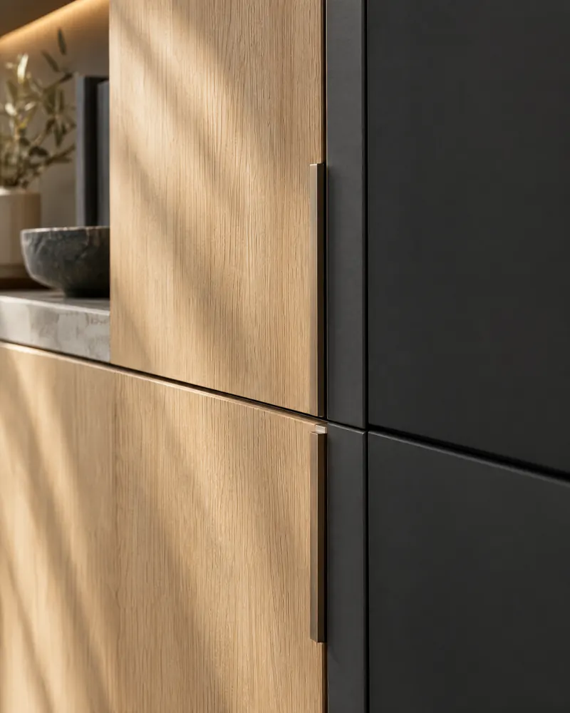 Concept visualization of rift oak cabinetry with bronze pulls