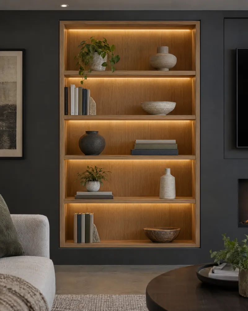 Concept visualization of built-in oak shelving with integrated lighting