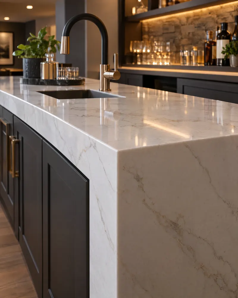 Concept visualization of a quartz waterfall countertop edge