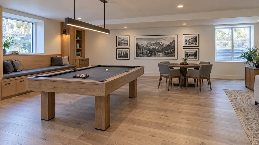 Concept visualization of a basement game room with a pool table