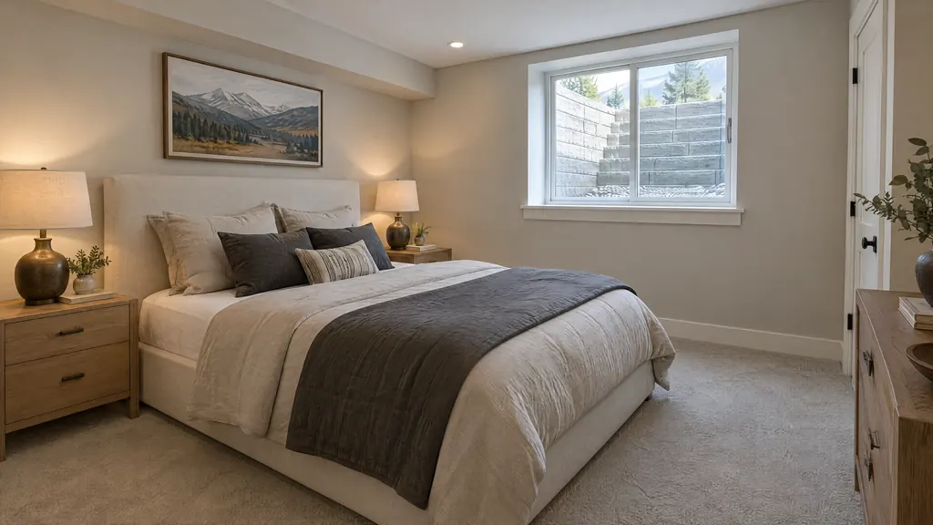 Concept visualization of a basement guest suite with an egress window