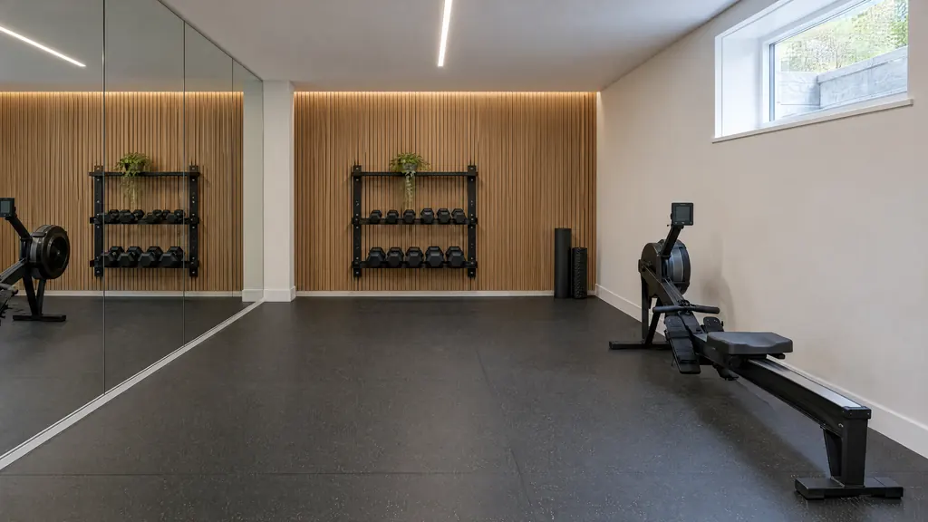 Concept visualization of a basement fitness room with a mirror wall