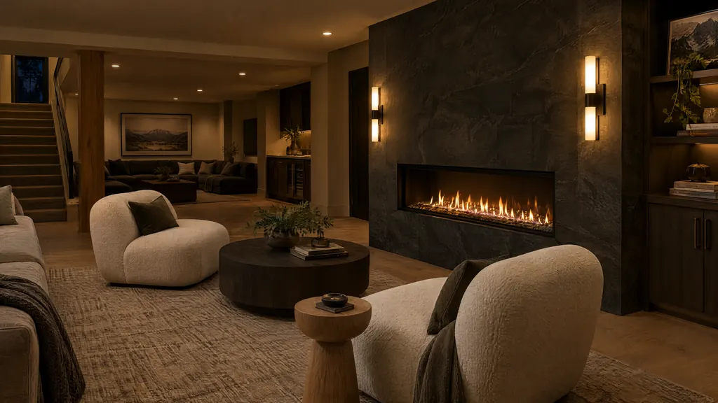 Concept visualization of a basement lounge with a linear fireplace and boucle chairs