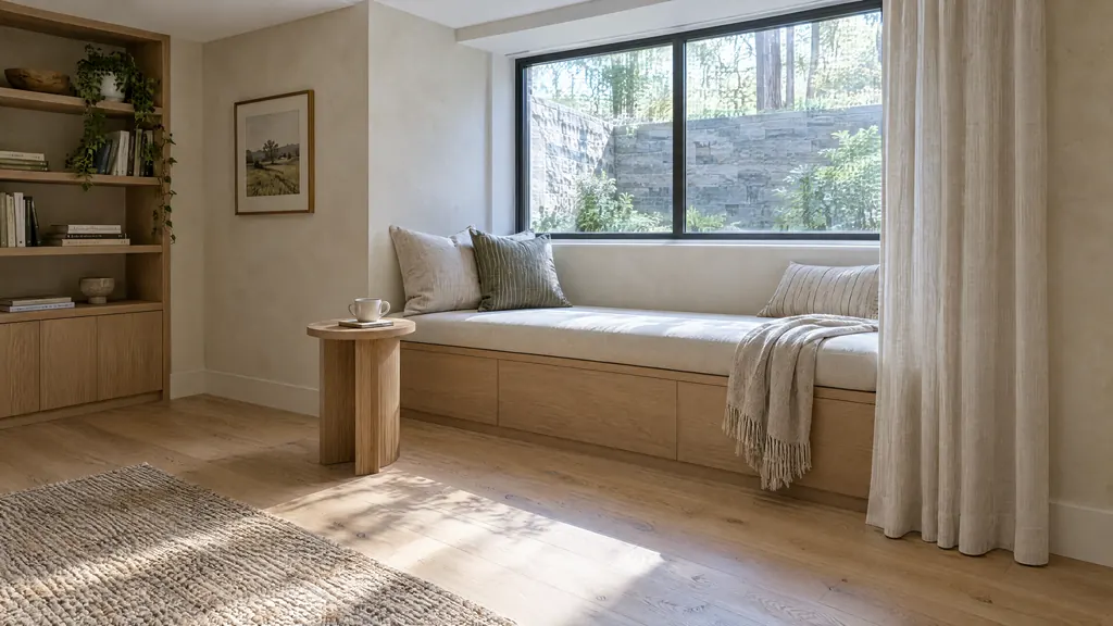 Concept visualization of a basement window seat in morning light