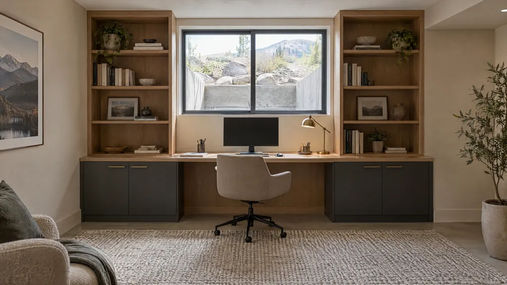Concept visualization of a basement home office with a built-in oak desk