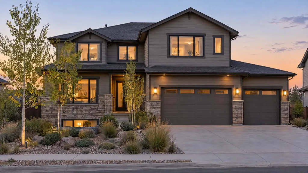 Concept visualization of a two-story Colorado home at dusk with a lit lower-level window well
