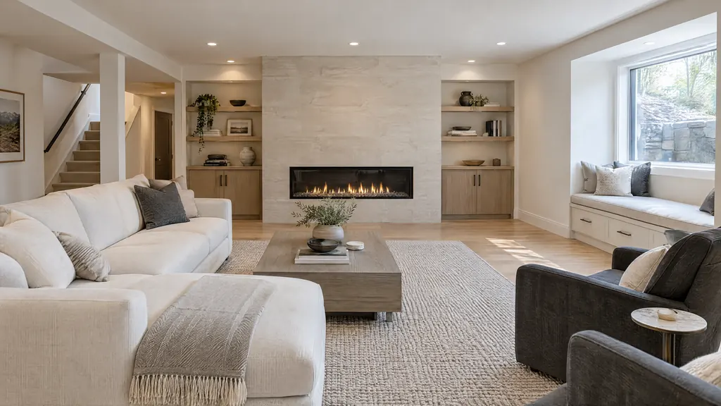 Concept visualization of a remodeled basement family room